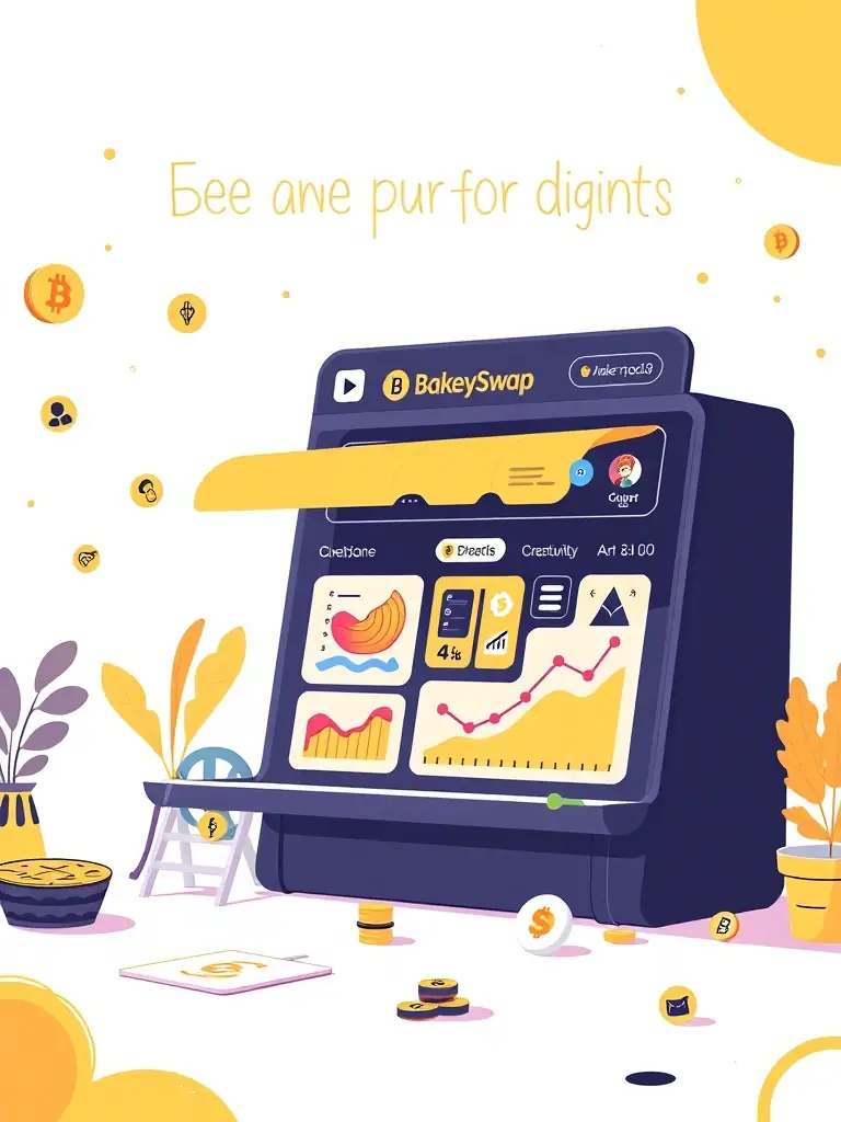 A visually appealing image of the BakerySwap platform, showcasing its NFT marketplace and DeFi features, with elements representing creativity, community, and the fusion of digital art and finance on BNB Chain.