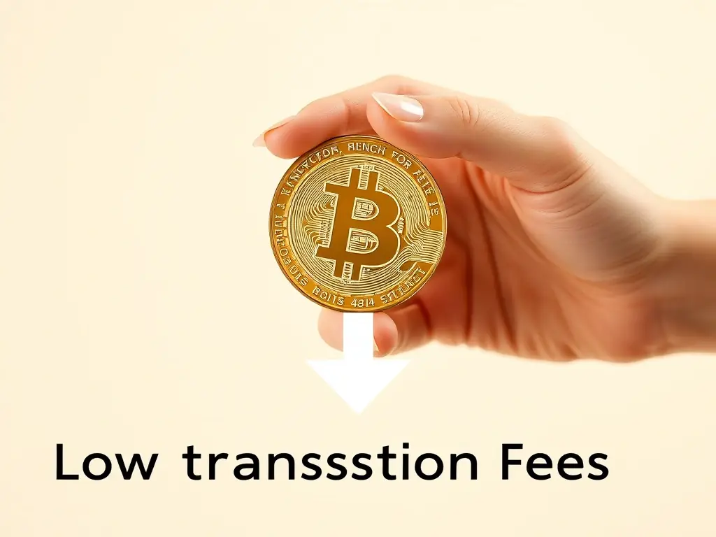 A graphic depicting a hand holding a BNB token with a downward-pointing arrow, symbolizing low transaction fees on the BNB Chain network.